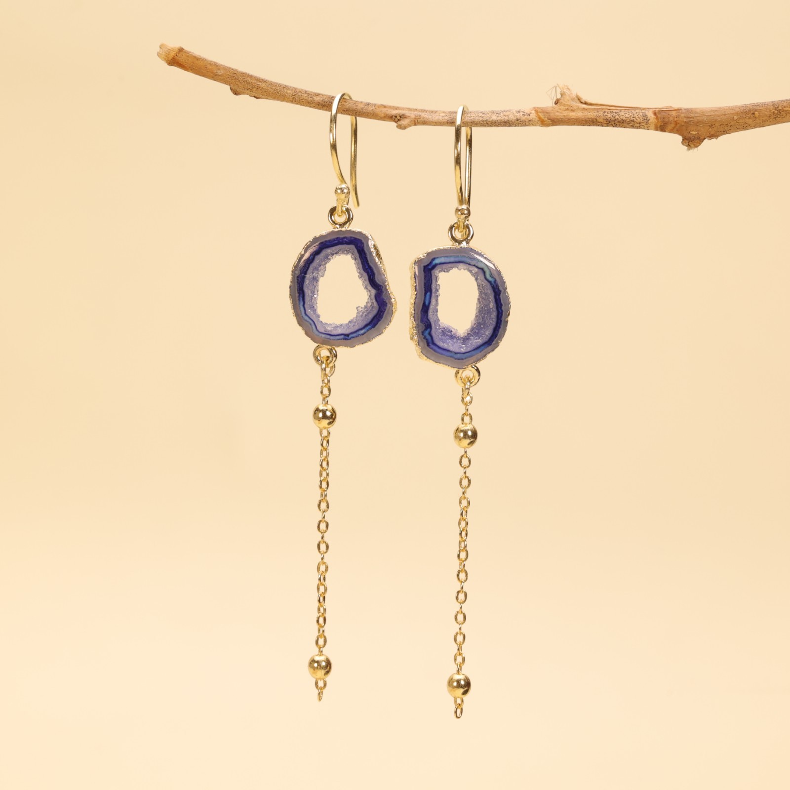 Aqua Geode Druzy Earrings, Gold Plated Agate Slice Dangle, Boho Gemstone Jewelry