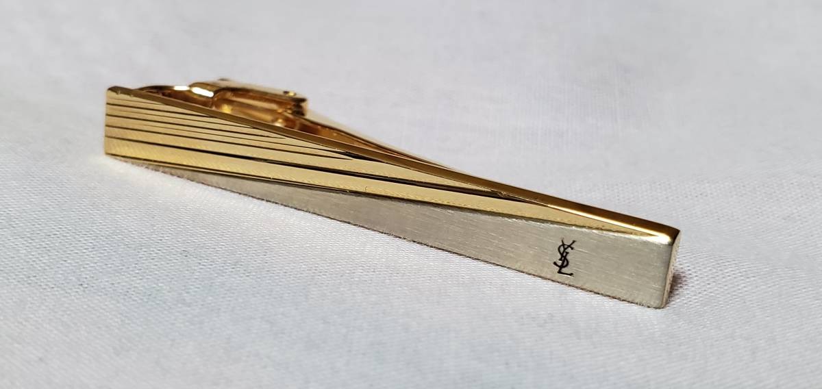 Rare Yves Saint Laurent Vintage YSL Logo Shiny Combination Tie Pin Gold Stripe