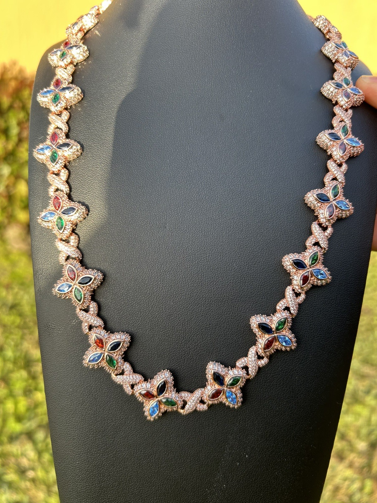 Flower 4 Leaf Clover Iced Out Rose Gold Premium Quality Chain Multicolor