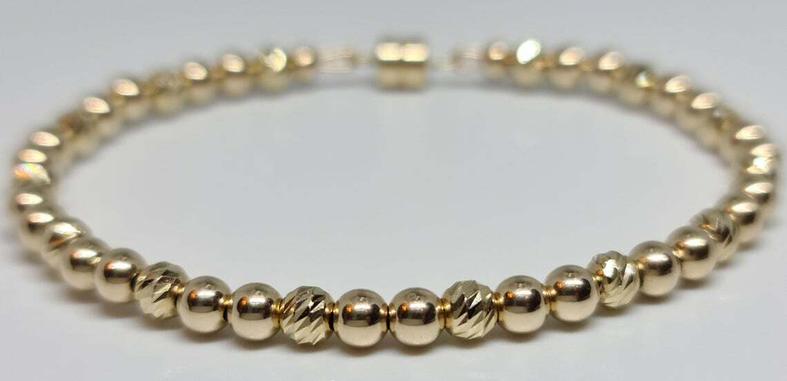 14K Solid Yellow Gold Bar Cut Faceted/Smooth Round 4mm Magnetic Unisex Bracelet