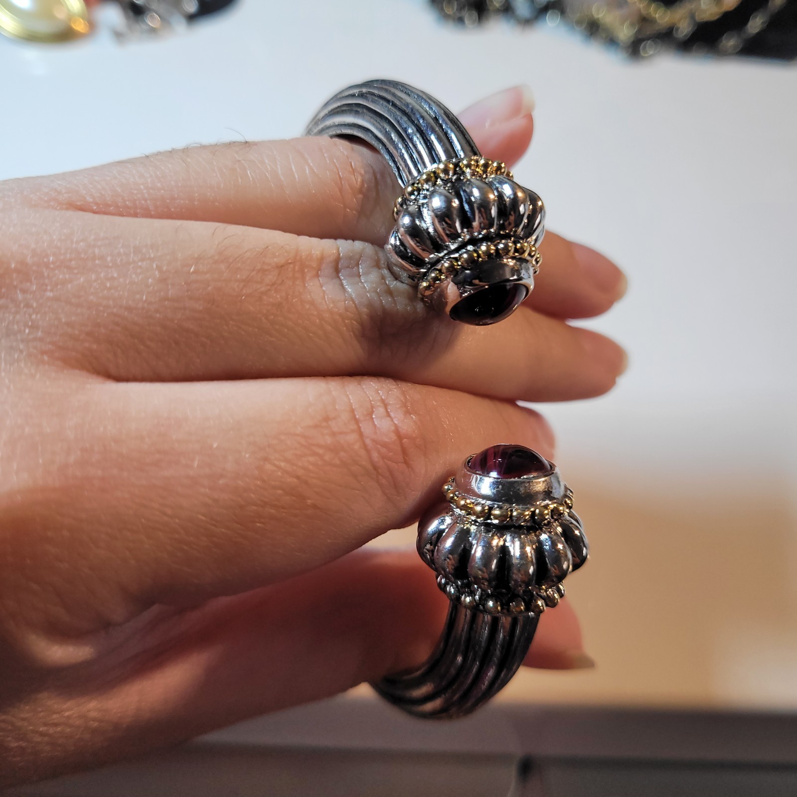 Vintage Heavy Silver And Gold Hinged Bangle Bracelet With Dark Burgundy Stones