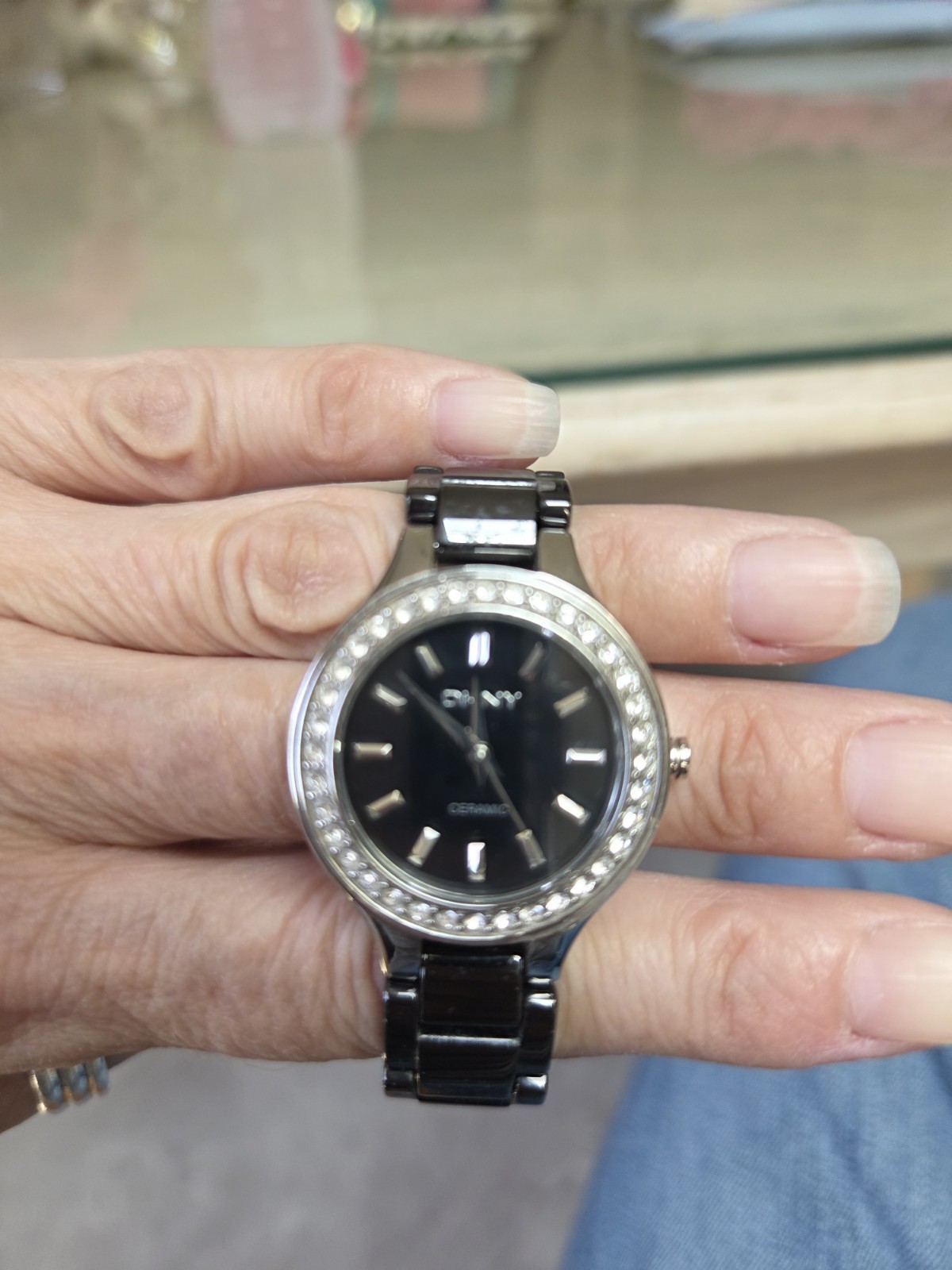 Womens Dkny Crystal Bezel Black Ceramic Watch- New Battery