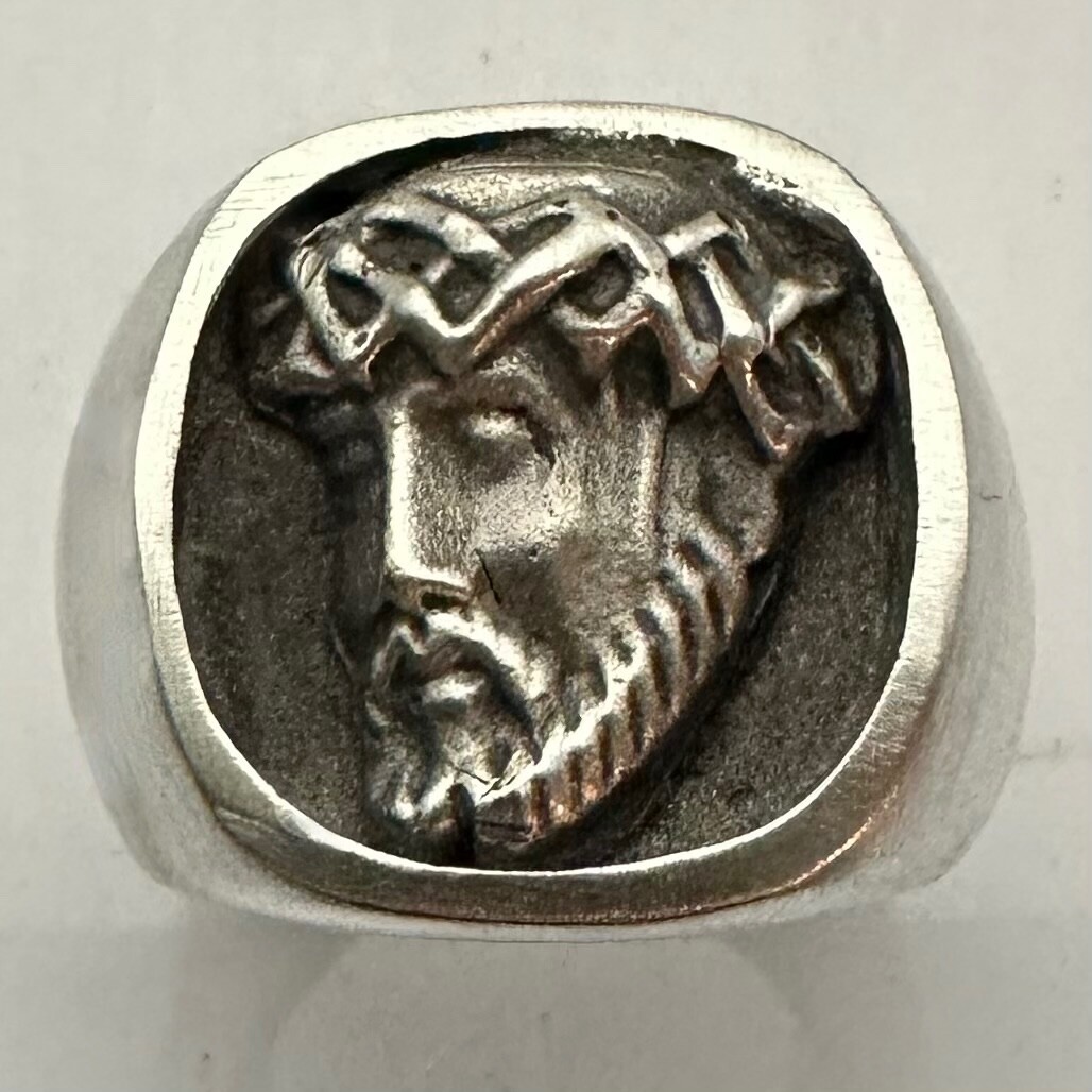 MJG STERLING SILVER . 3-D JESUS RING. 35 GR. SZ 10.