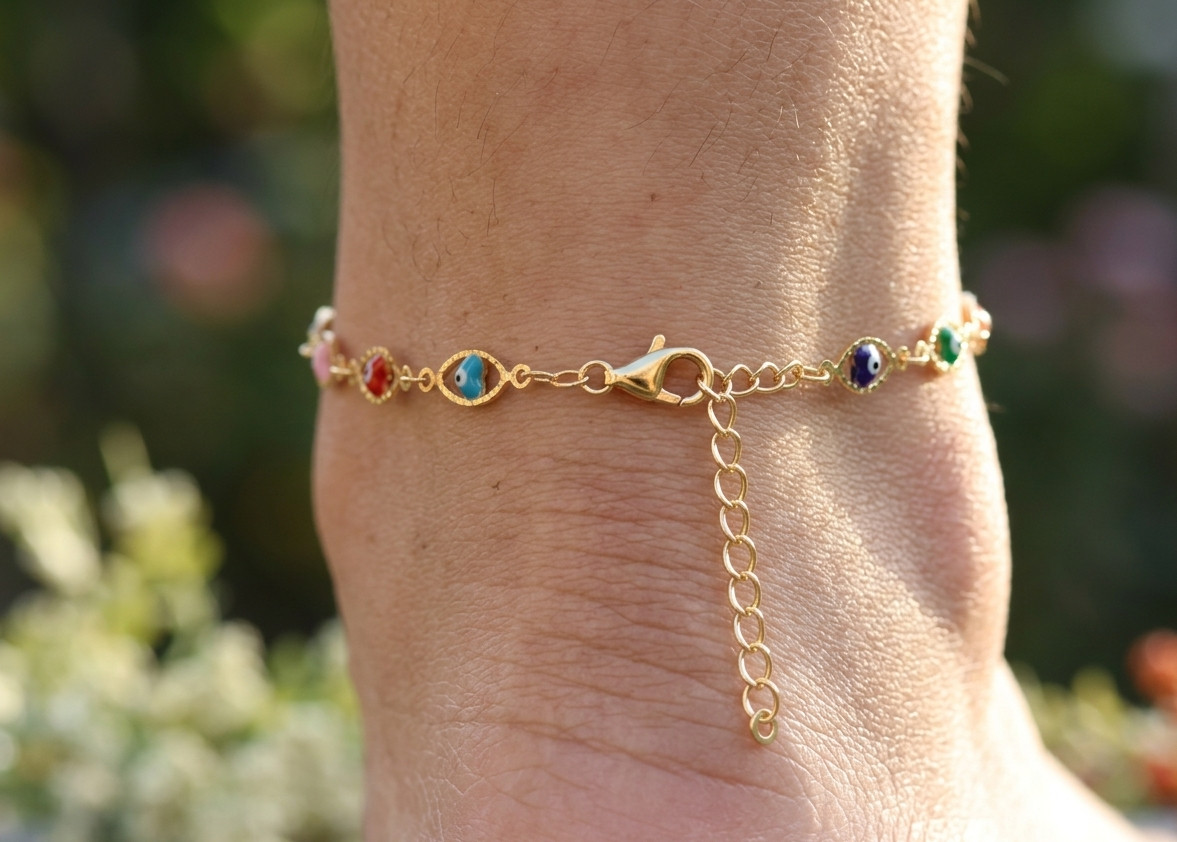 Chic 18K Gold Plated Evil Eye Anklet for Women | Colorful Enamel Charm Chain