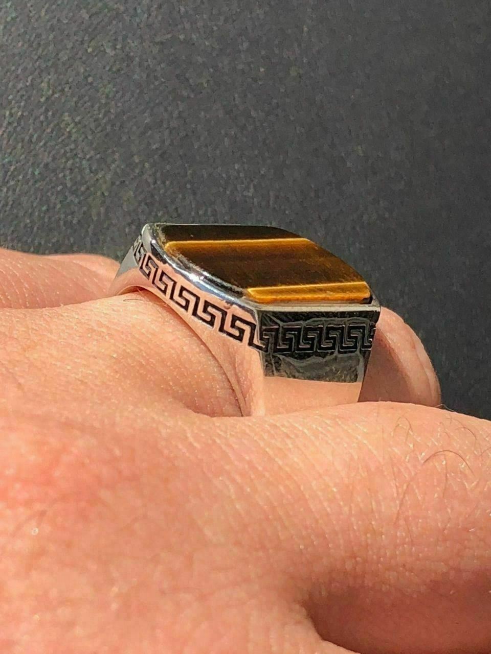 Solid 925 Sterling Silver Tiger’s Eye Mens Signet Ring Size 7 8 9 10 11 12 13