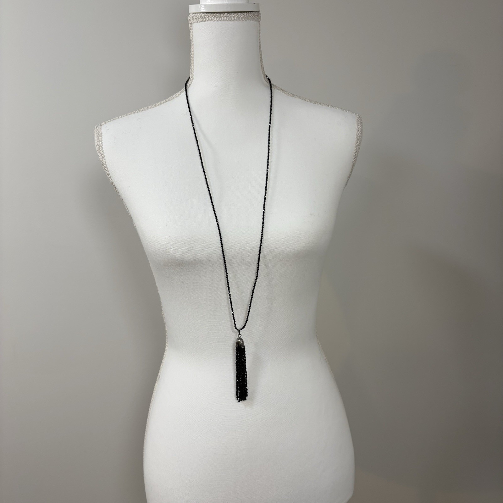 Black Stone Tassel Necklace 36” 100CTW Rhodium Over Sterling Silver JTV