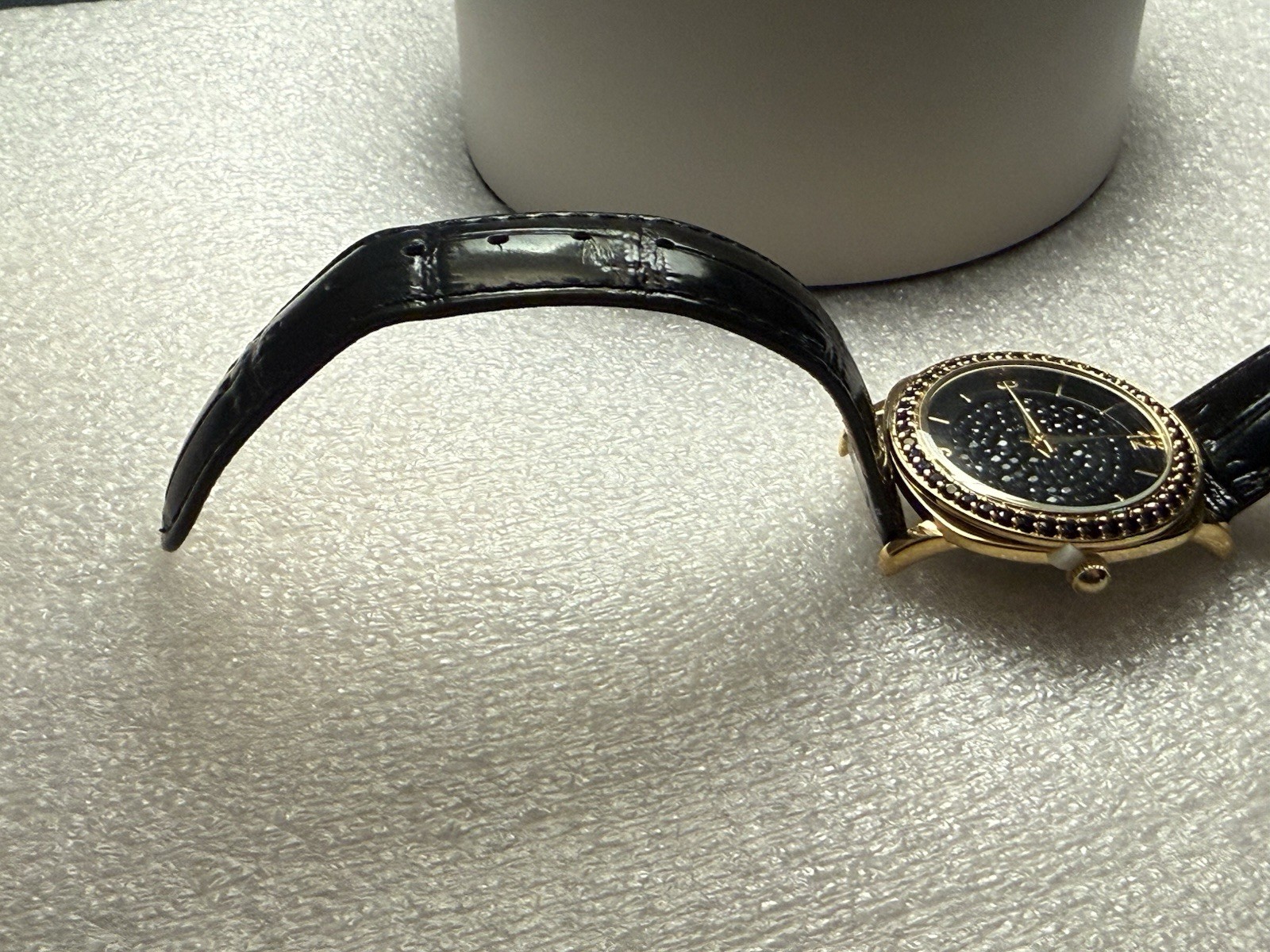 New Victoria Wieck Watch Womens Black Crystal Gold Trim Black Leather See Desc.