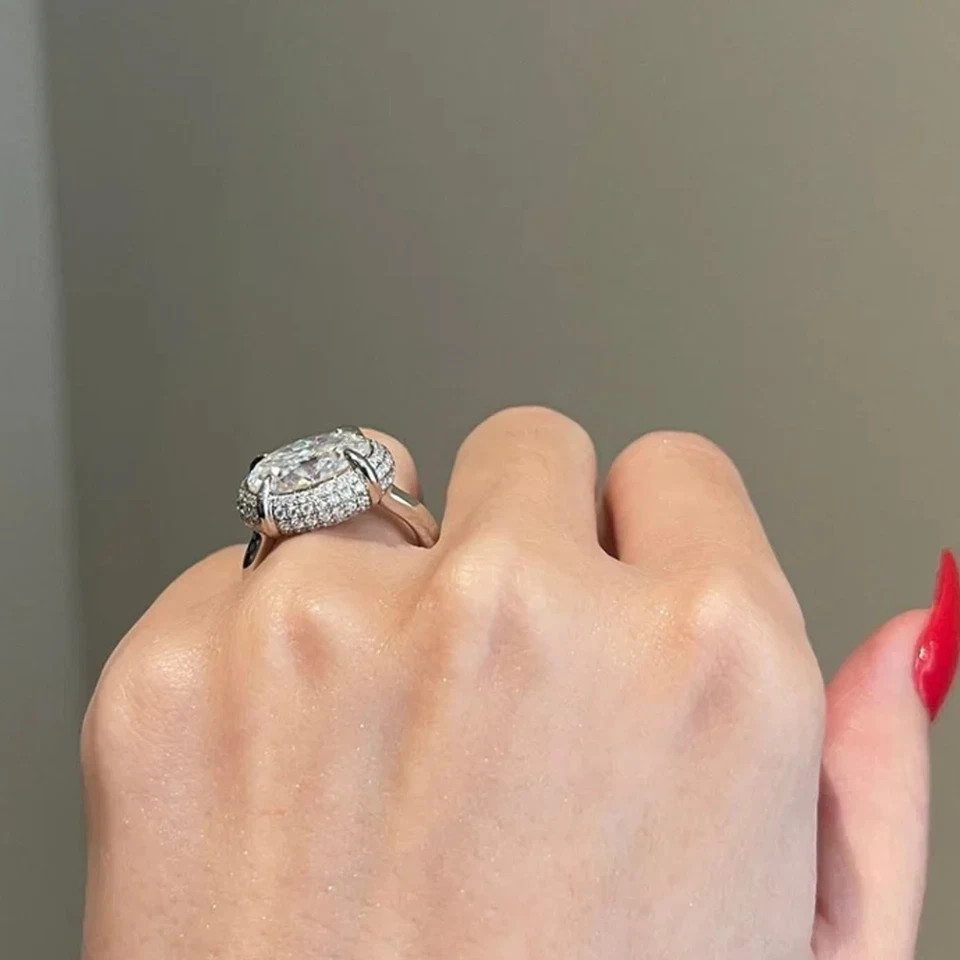 2.70 CTW Oval Moissanite East West Halo Engagement Ring 14K White Gold Plated