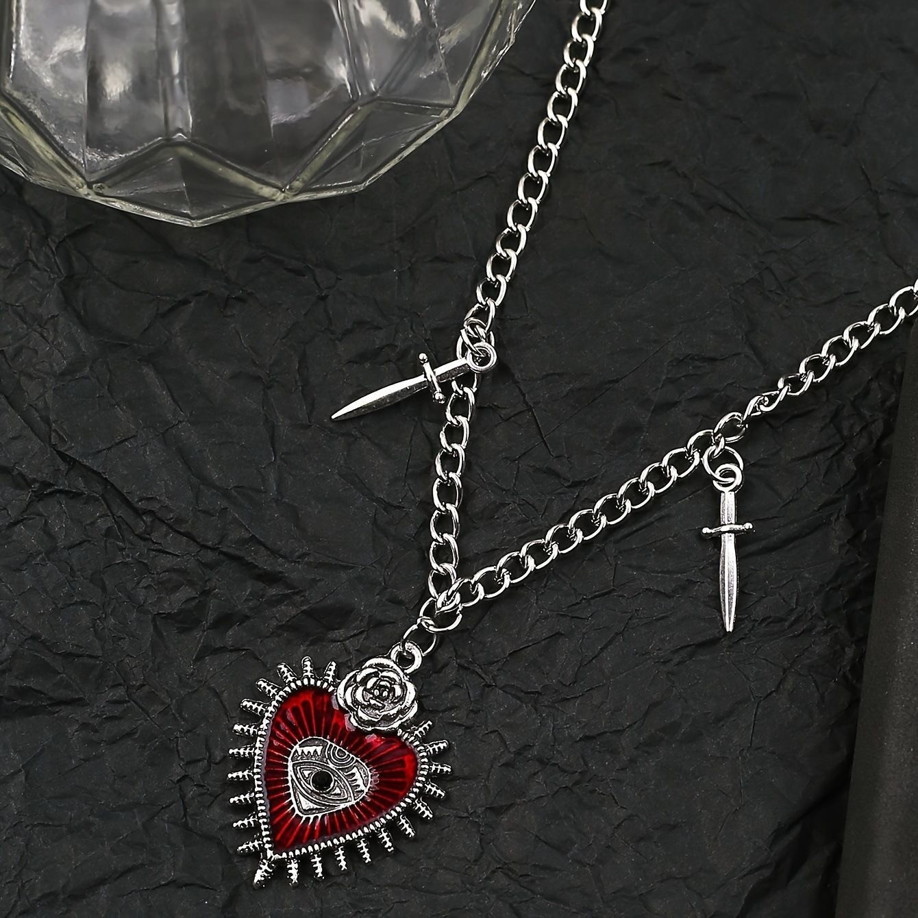 Vintage Gothic Heart Necklace, Punk Devil Eye Sword Pattern Pendant Necklace