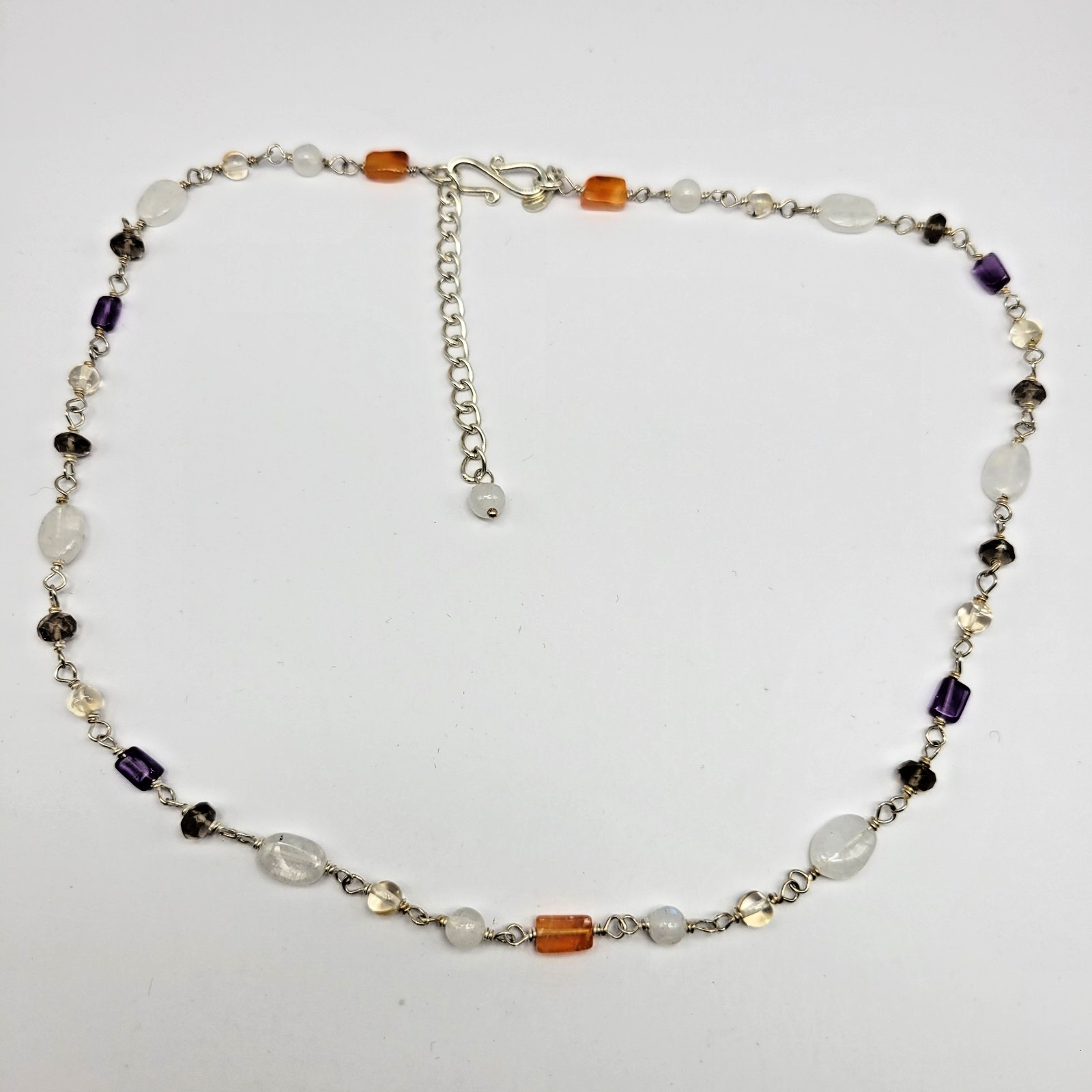 Sterling Silver Moonstone Amethyst Carnelian Smoky Quartz Necklace ~ 18.5″