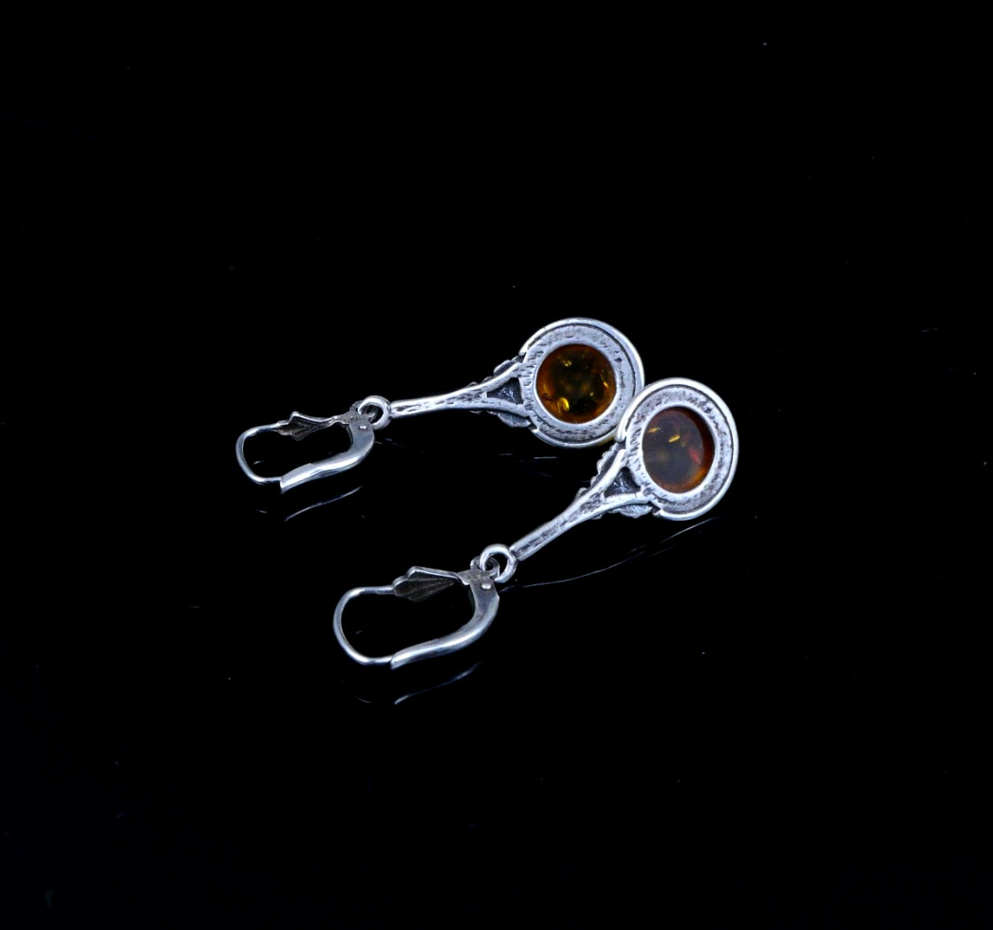 Baltic Amber 835s Silver Drop Earrings Vintage Round Long Floral