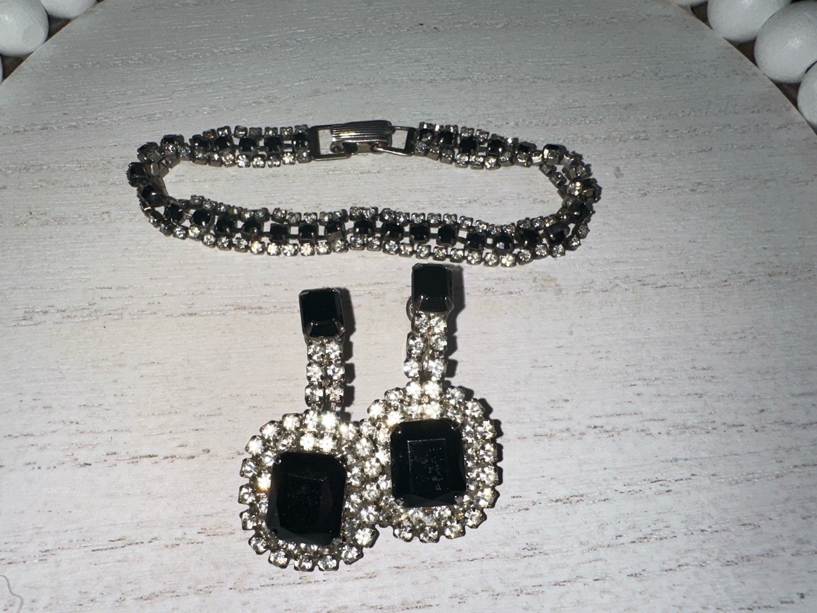 Vintage Clear Black Rhinestone Bracelet Clip-On Earrings Set Emerald Cut Costume