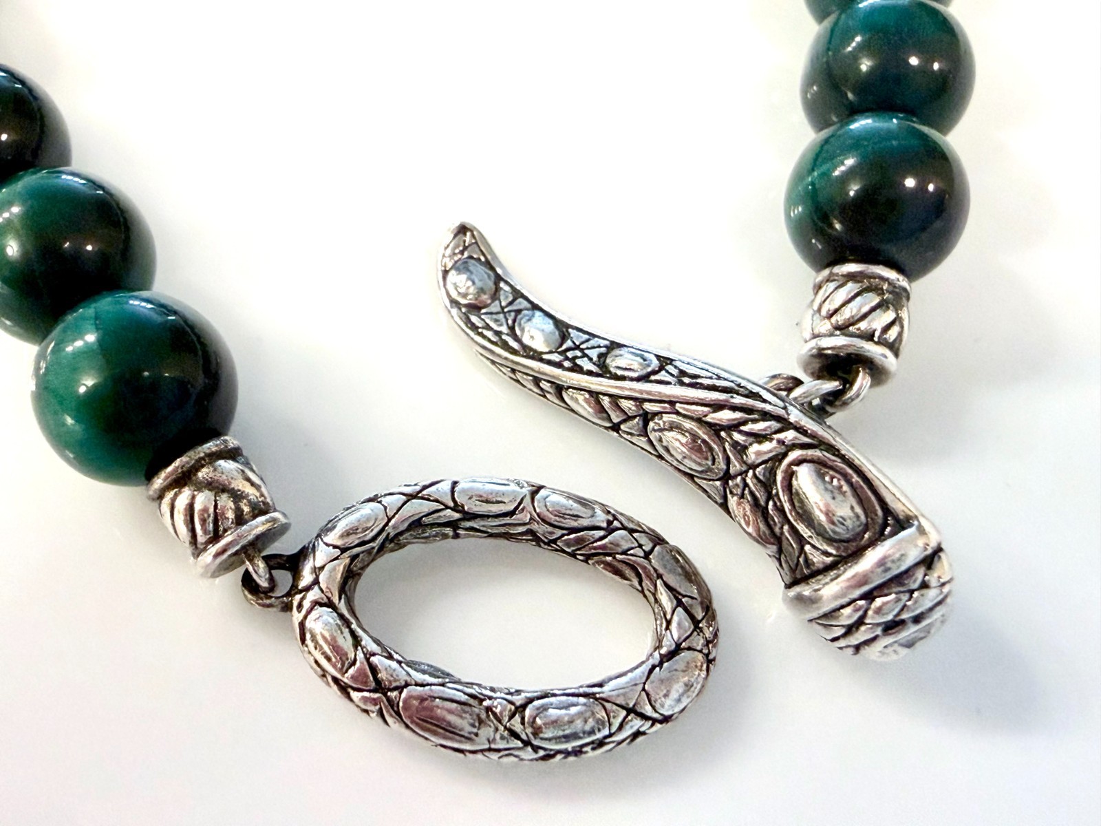 JAI John Hardy Green Tigers Eye Bead Croco Toggle Bracelet 925, 6.25 wrist, 8mm