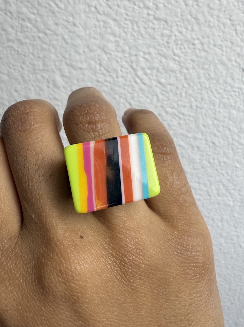 Vintage Neon Striped Resin Ring, Bold Multicolor Statement Jewelry, Size 7