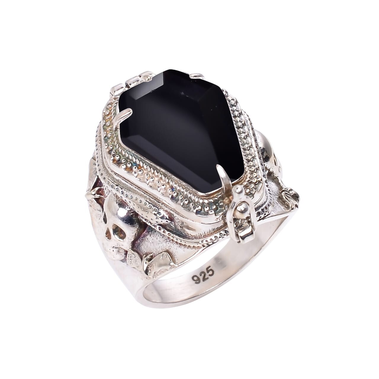 Skull Coffin Poison Ring, Black Onyx Gemstone 925 Silver Handmade Poison Ring,