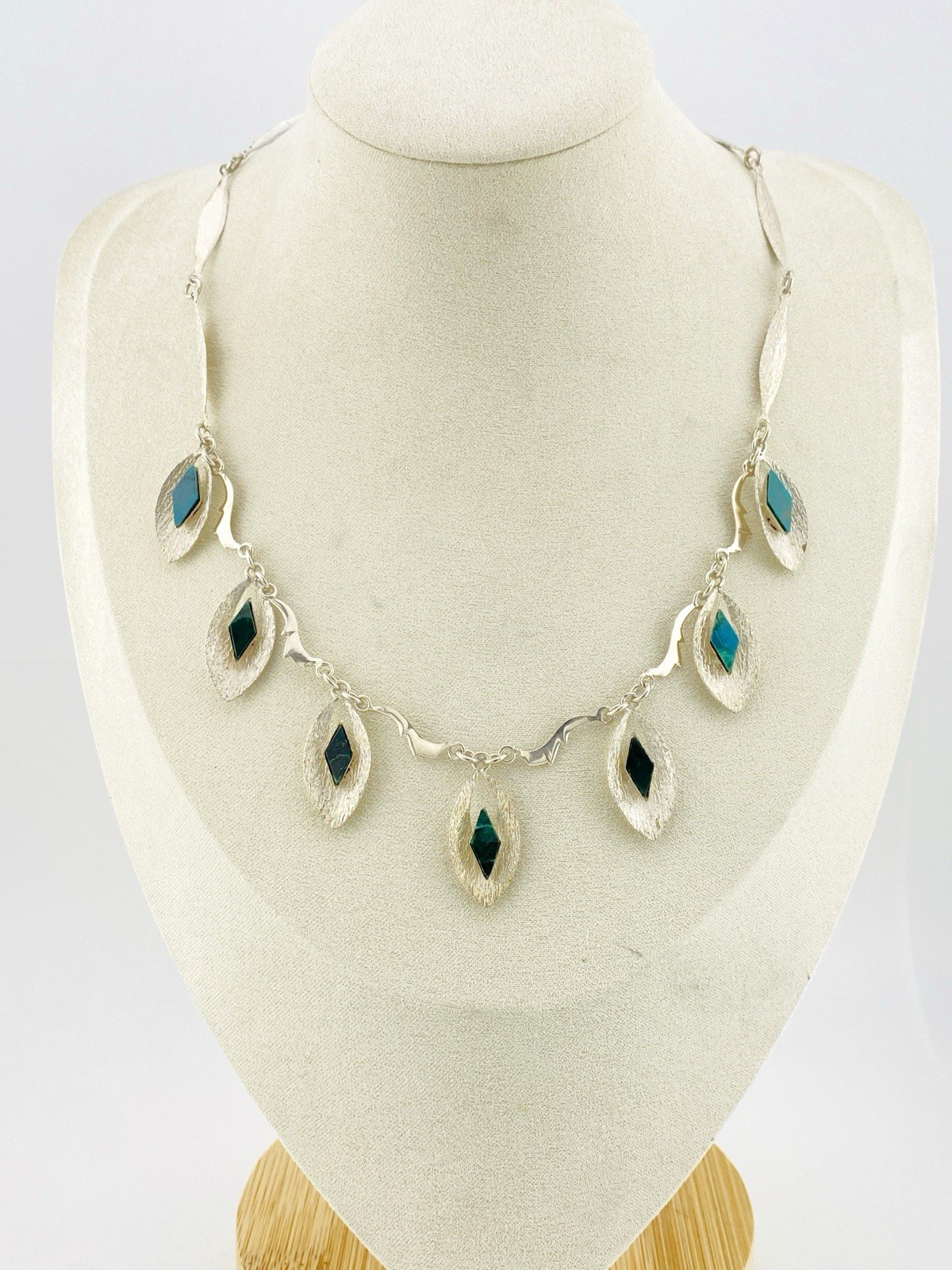 Modernist Sterling Silver Malachite Necklace Artisan Studio Jewelry 17 In