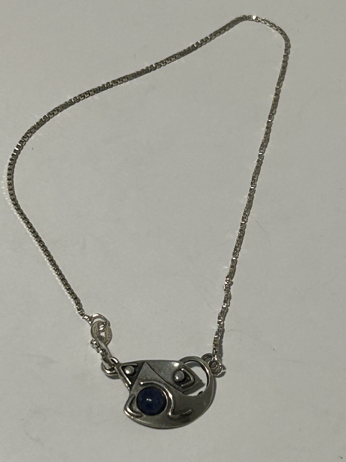 Vtg Sterling Silver Box Chain Anklet with Lapis Lazuli Signed Charm. 24cm/9.5”
