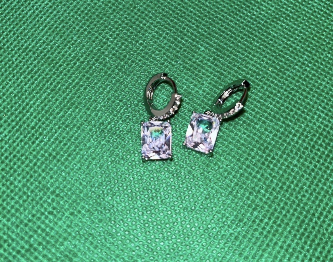925 Silver Tone Huggie Hinged Hoop Dangle Earrings Clear Rectangular CZ Prong