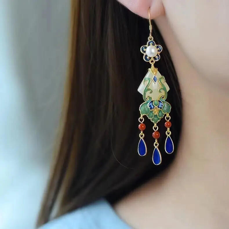 Gold Plated Cloisonne Natural Jade Palace Antiquity Temperament Tassel Earrings