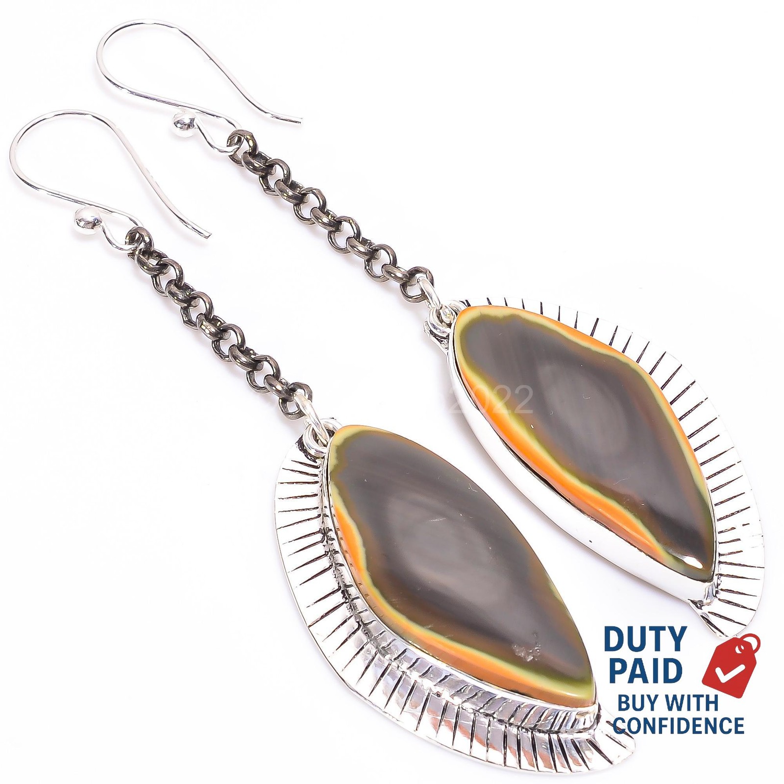 Genuine Polychrome Jasper 925 Silver Hook Ethnic Dangling Wife Earrings Jewelry