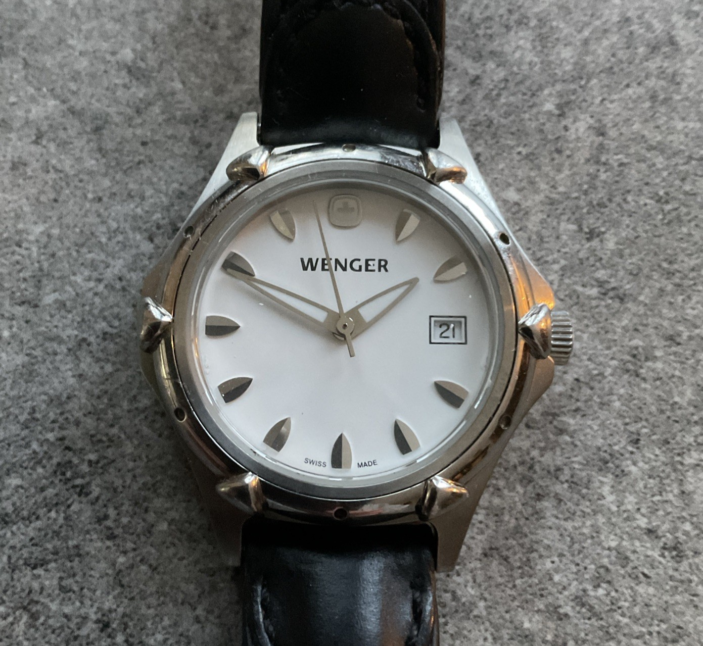 Wenger Womens Watch 29mm Silver Tone Case W/Date 7023X Black Leather Band BA