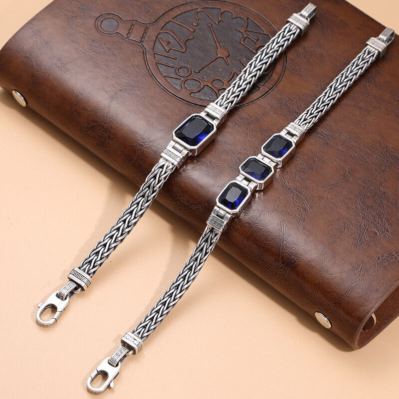 Pure S925 Sterling Silver Bracelet Women Men Blue Square Crystal Wheat Link