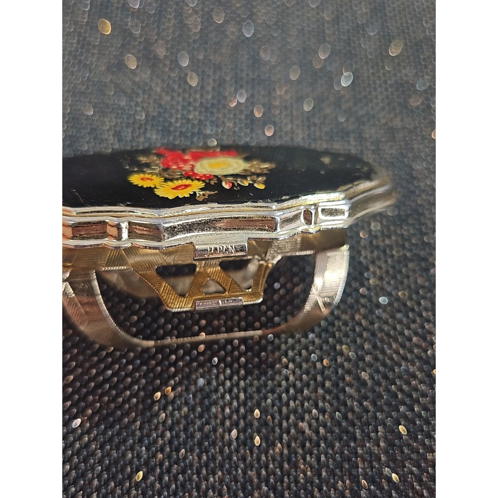 Vintage Lipstick Holder Flip Compact Mirror Handpainted Floral Gold Tone Black
