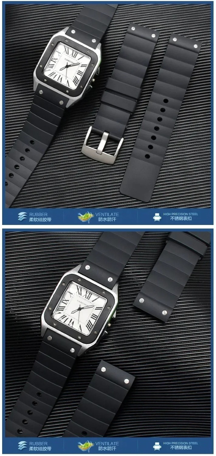 23mm Watchband For Cartier Santos 100 Rubber Band Black Rivet Silicone Strap