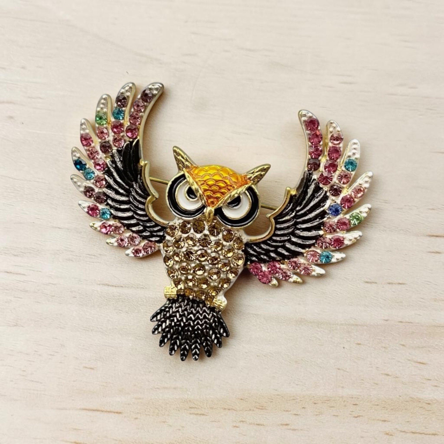 Rhinestone Owl Brooch Pin |Black, White & Gold Enamel | Multicolored Rhinestones