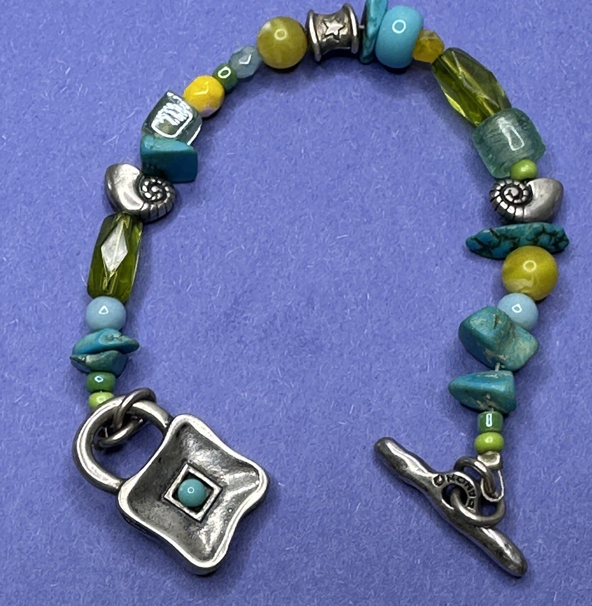 Danon Bracelet Turquoise Bead Shells Green Glass Beach Contemporary Silver Plate