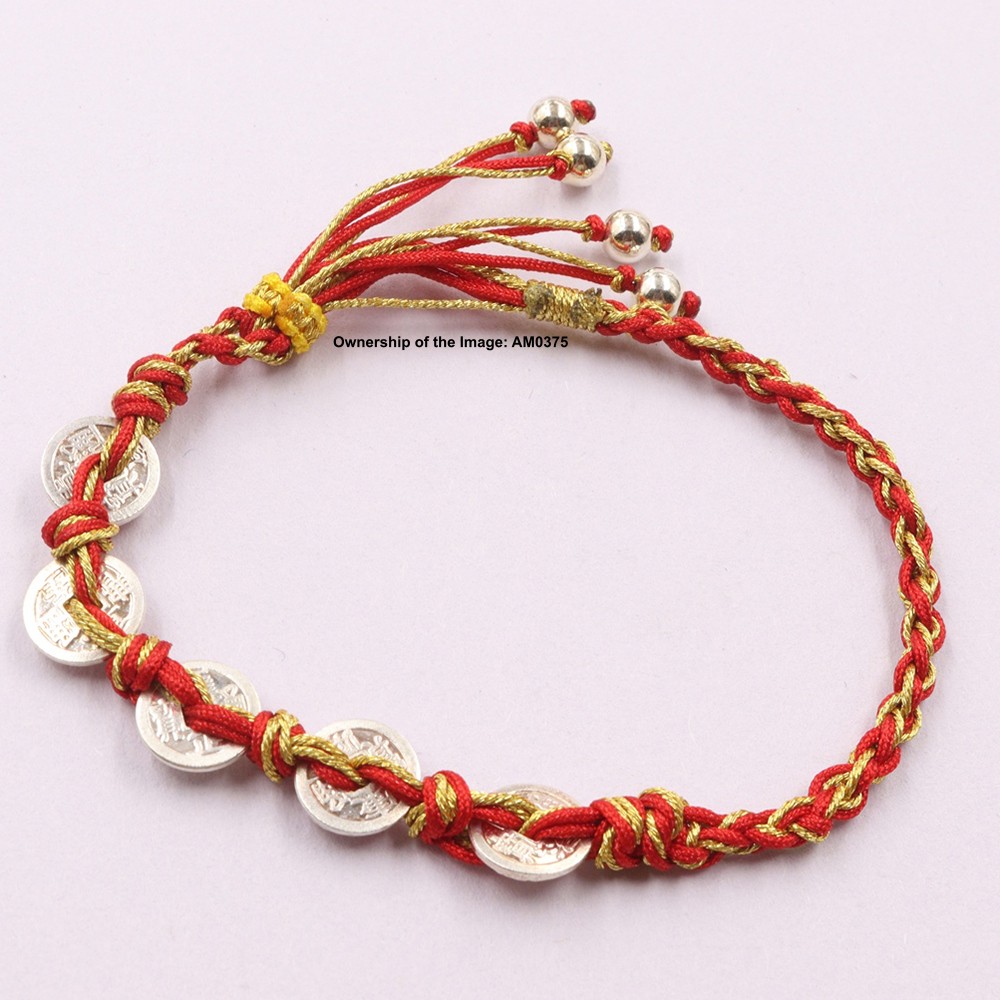 Pure 999 Fine Silver Bracelet 5pcs Coin-Bead Cord Knitted Adjustable Bracelet