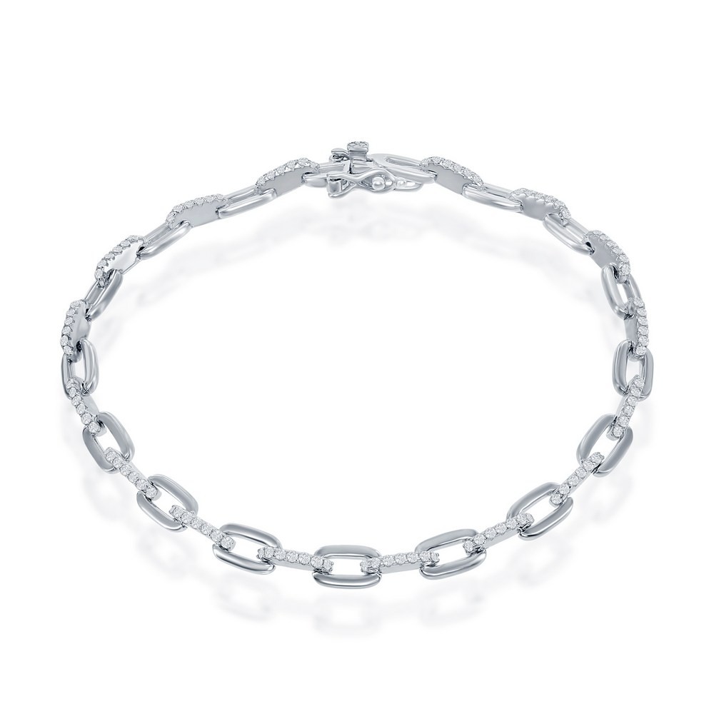 Sterling Silver Sparkling CZ Paperclip Bracelet Rhodium Plated Style T-7820