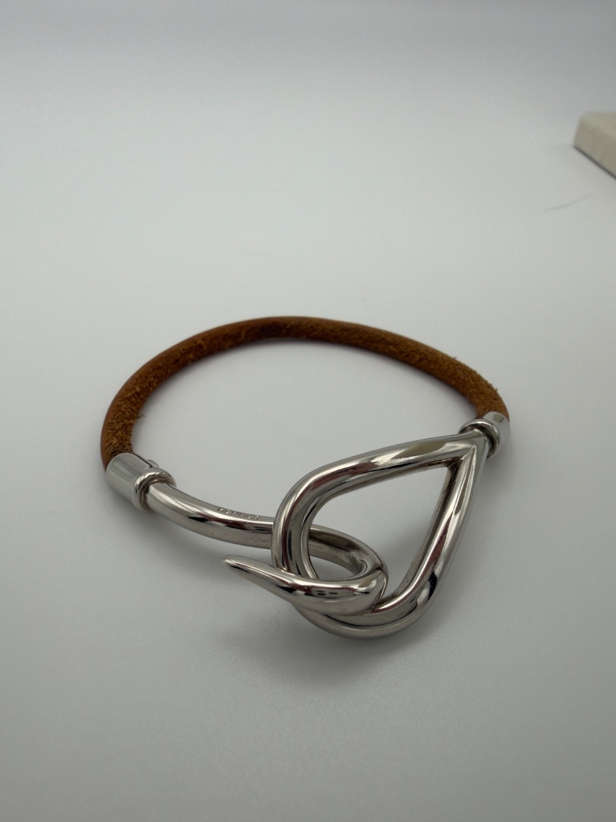 Authentic Hermes Leather Jumbo Hook Bracelet Palladium Plated Size 6 Brown