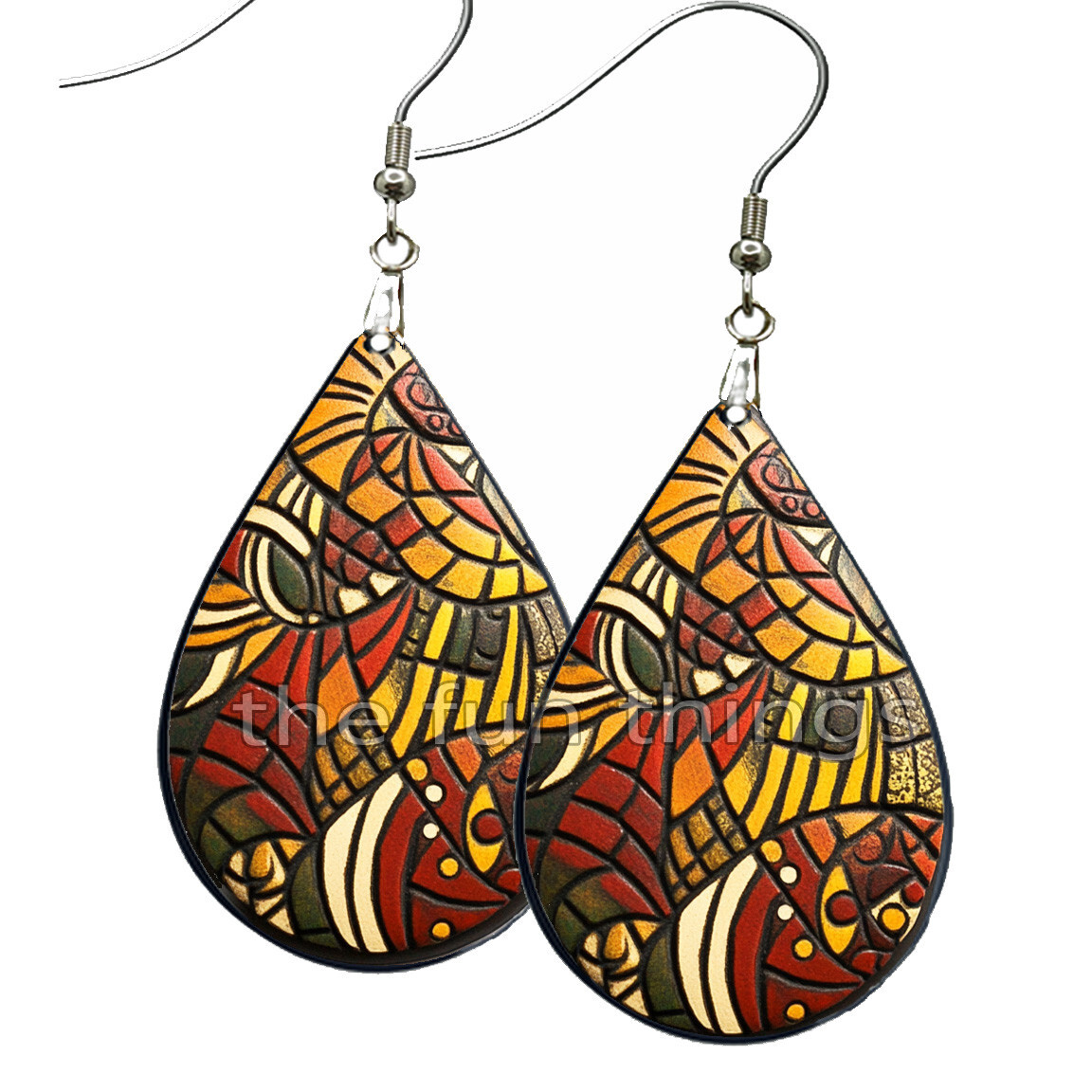 African Tribal Art Pattern Earrings Teardrop NO TARNISHING Wood Dangle
