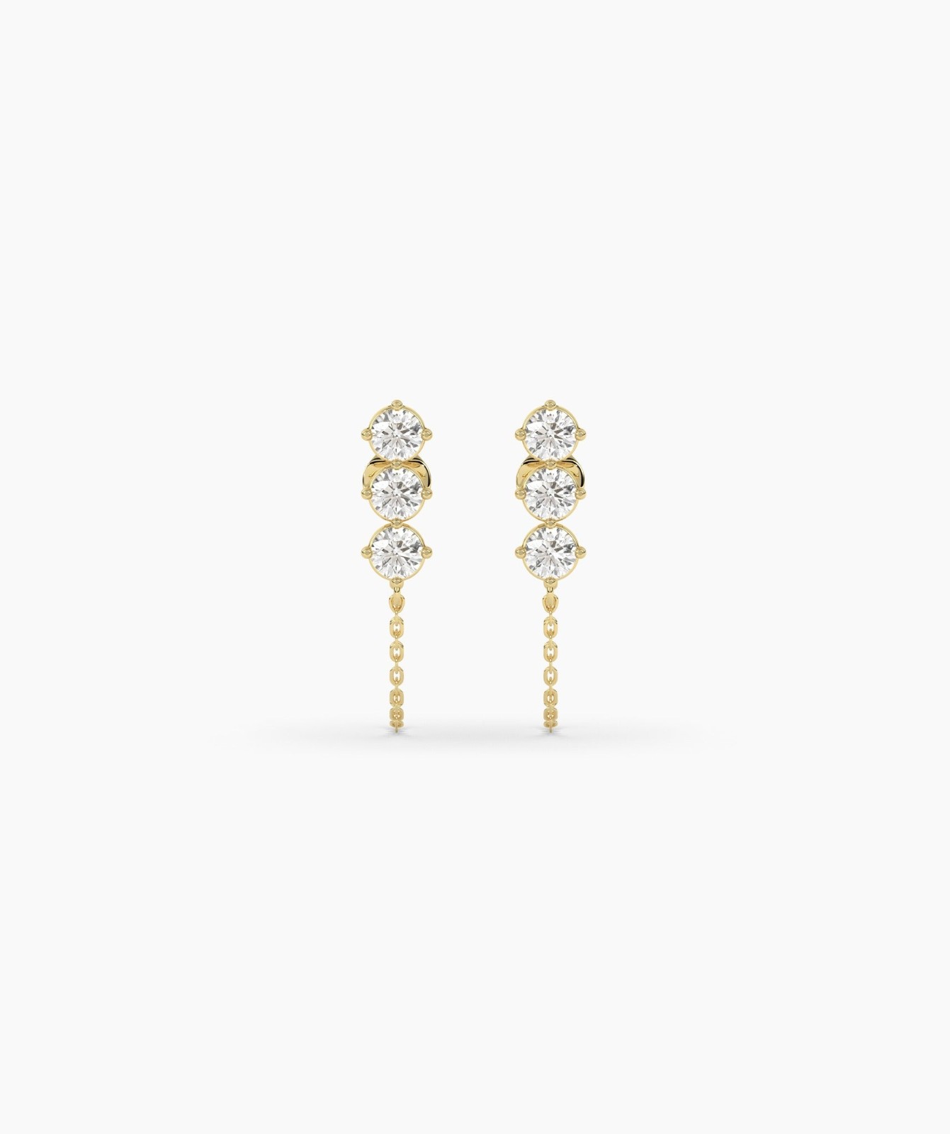 14K Gold Round Lab Grown Diamond Three Stone Climber with Chain Loop Earrings