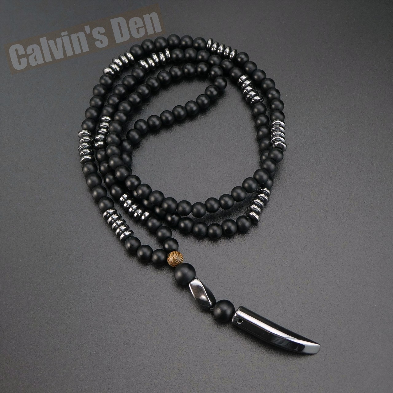 Matte Black Obsidian Black Hematite Tooth Fang Pendant Necklace Men Modern Boho