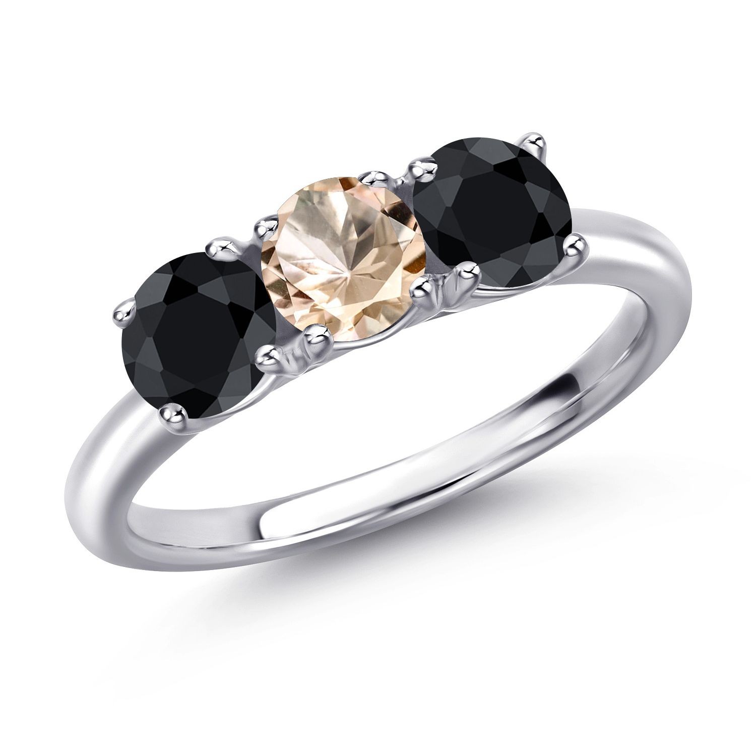 925 Sterling Silver Peach Morganite and Black Sapphire Engagement Ring For