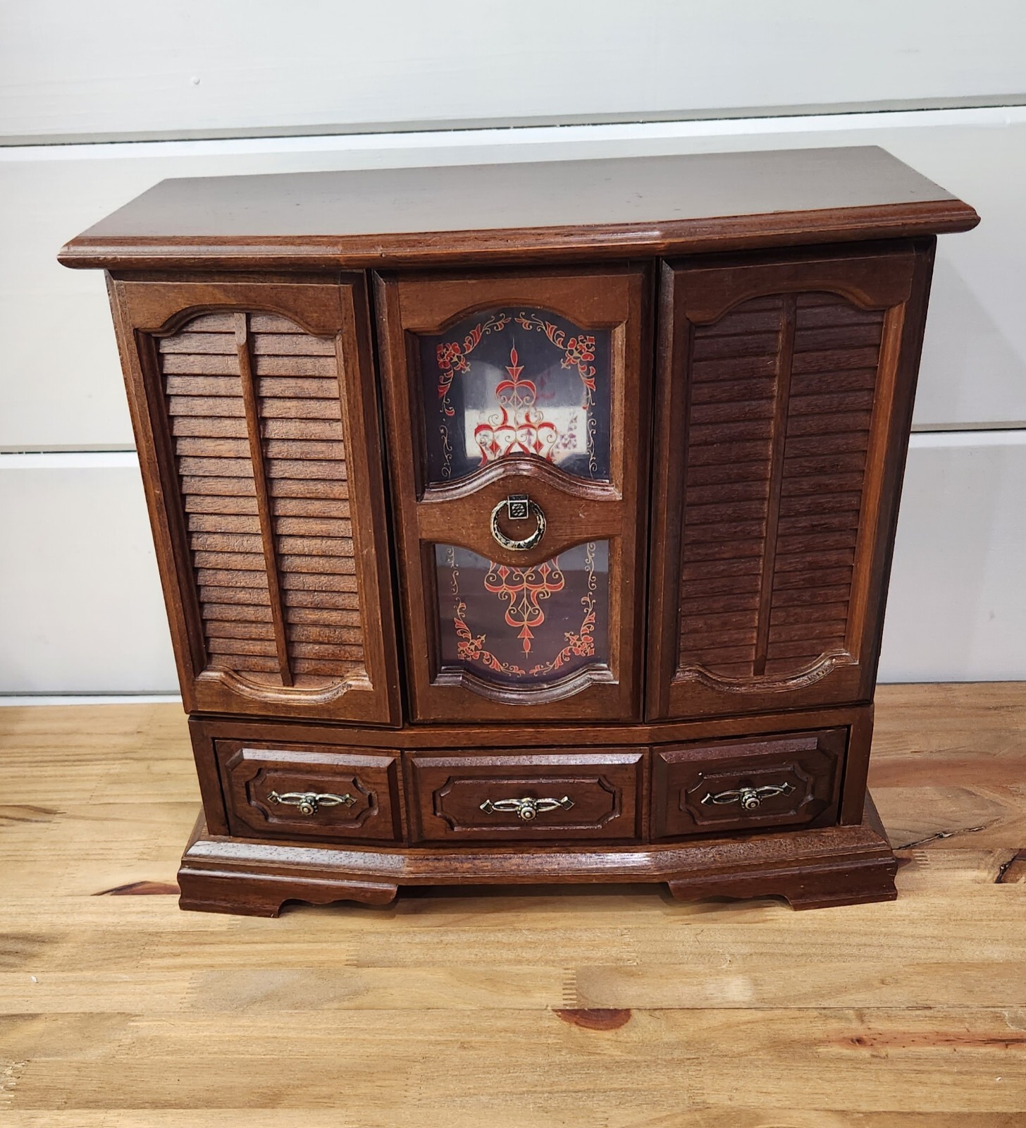 Wood Jewelry Box Table Top Velvet Lined Drawers 13″ X 14″ Vintage Taiwan