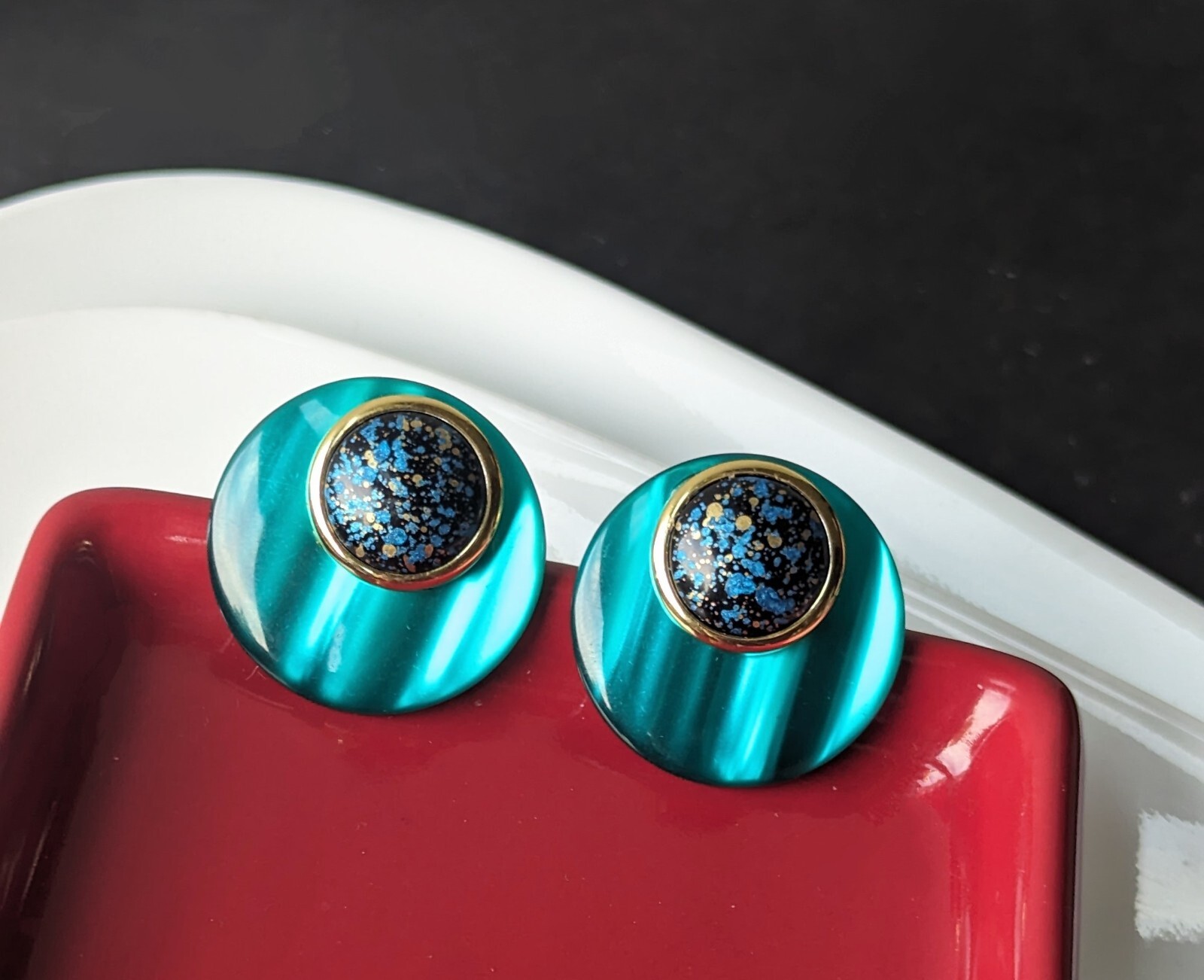Vtg 80s Acrylic Round Disc Button Stud AQUA BLUE Moon Glow Goldtone Earrings