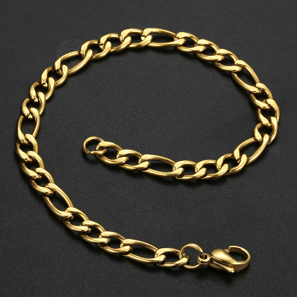 3/5/7/9mm Gold Plated Stainless Steel Figaro Link Chain Bracelet Men Women 7-10″