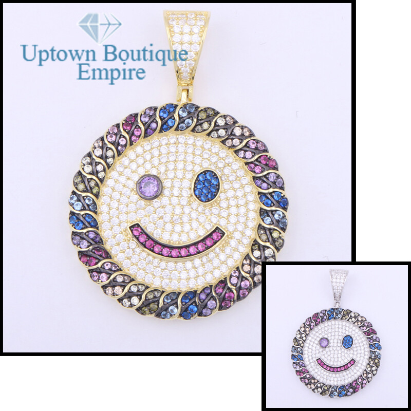Smiley Happy Face Emoji Men’s Women 925 Sterling Silver Gold Pendant Charm*AHF