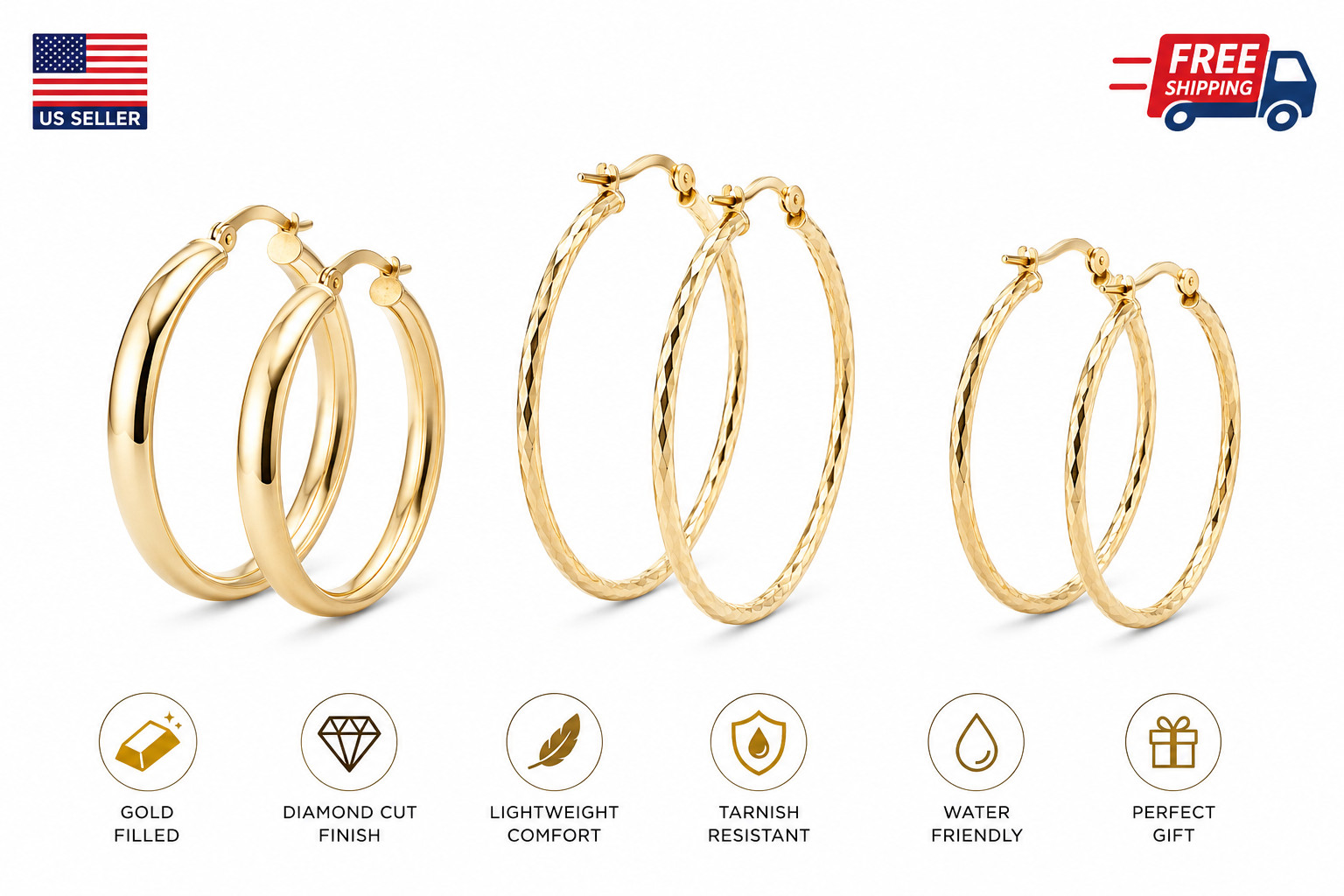 Gold Filled Hoop Earrings Set Diamond Cut Polished Lightweight for Women