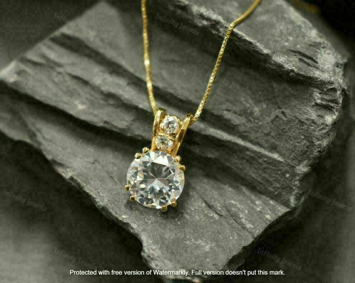 3Ct Round Cut VVS1/D Diamond Solitaire Pendant 14K Yellow Gold Finish Free Chain