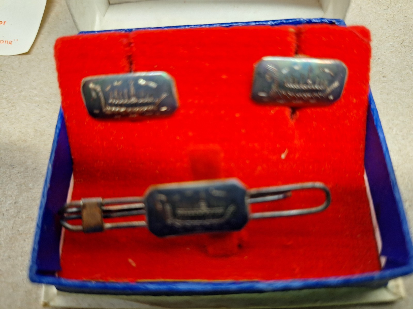 Vintage Bangkok Jewels Bronze Cufflink & Tie Clip Set with Engraved Ship Artwork
