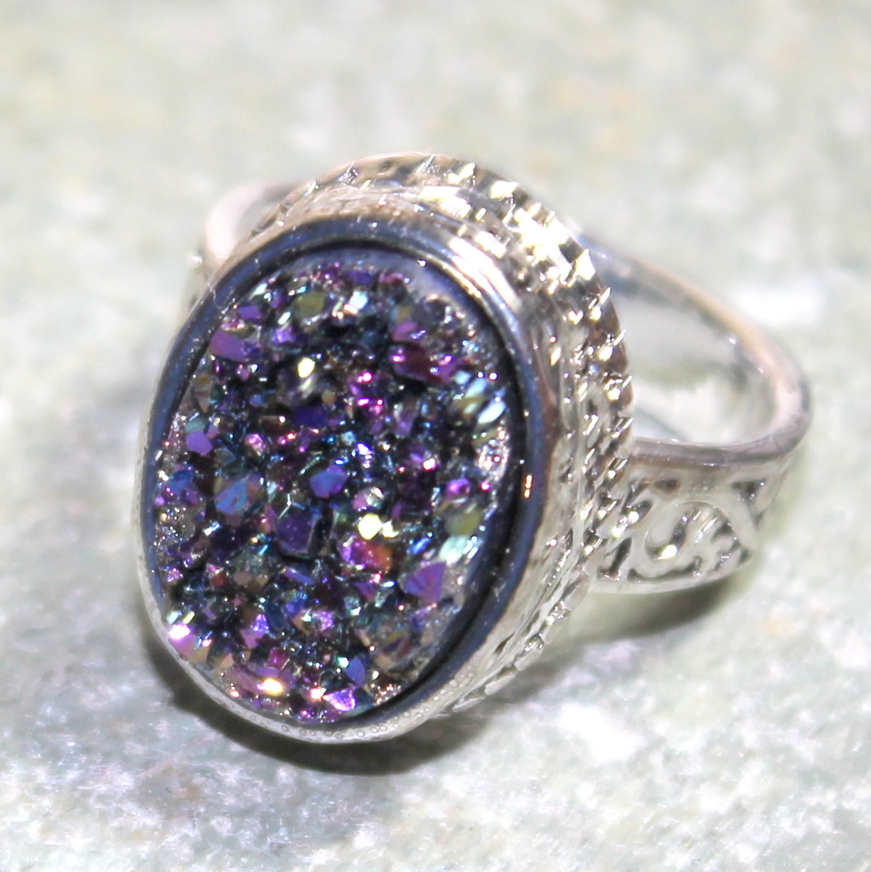SILVER Vintage Style Purple Blue Rainbow Titanium Druzy Oval Ring, WR11114