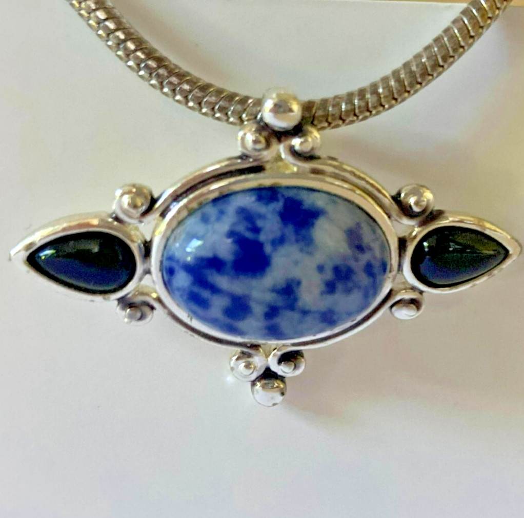 Necklace Arts and Crafts Style Faux Sodalite and Faux Lapis Cabochons Silvertone