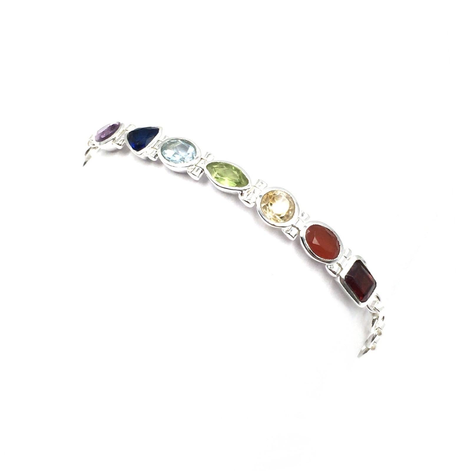 925 Silver Bracelet 18.5cm Colourful Gemstones Multicolour Jewellery Red Blue Green Yellow