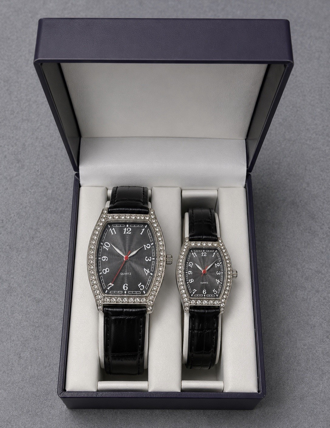 Trump Marina His & Hers Quartz Tonneau Analog Watches Black Leather Straps Box