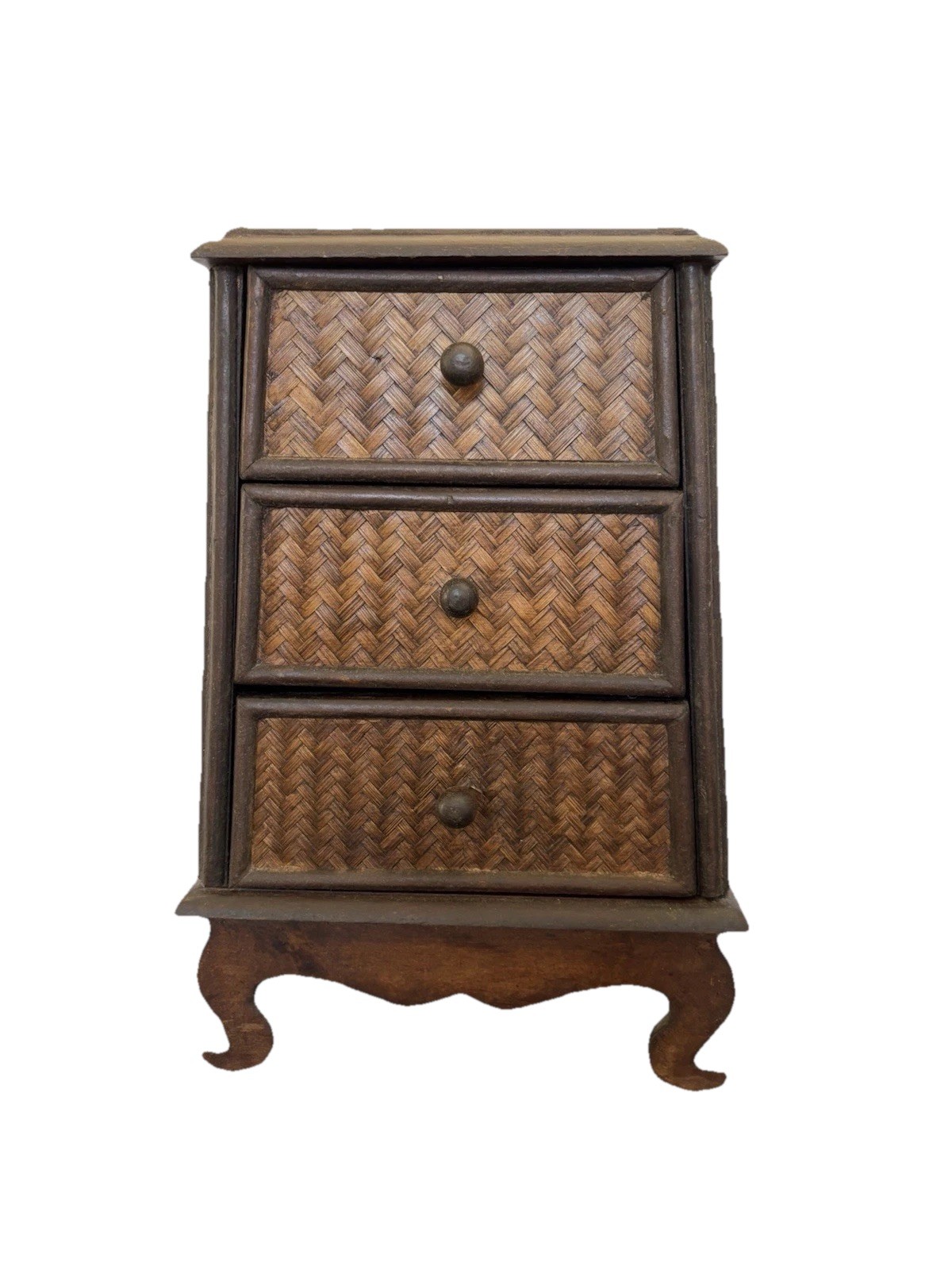 Woven Rattan 3 Drawer Counter Top Chest Jewelry Holder Wood Curved Legs 13.25”T