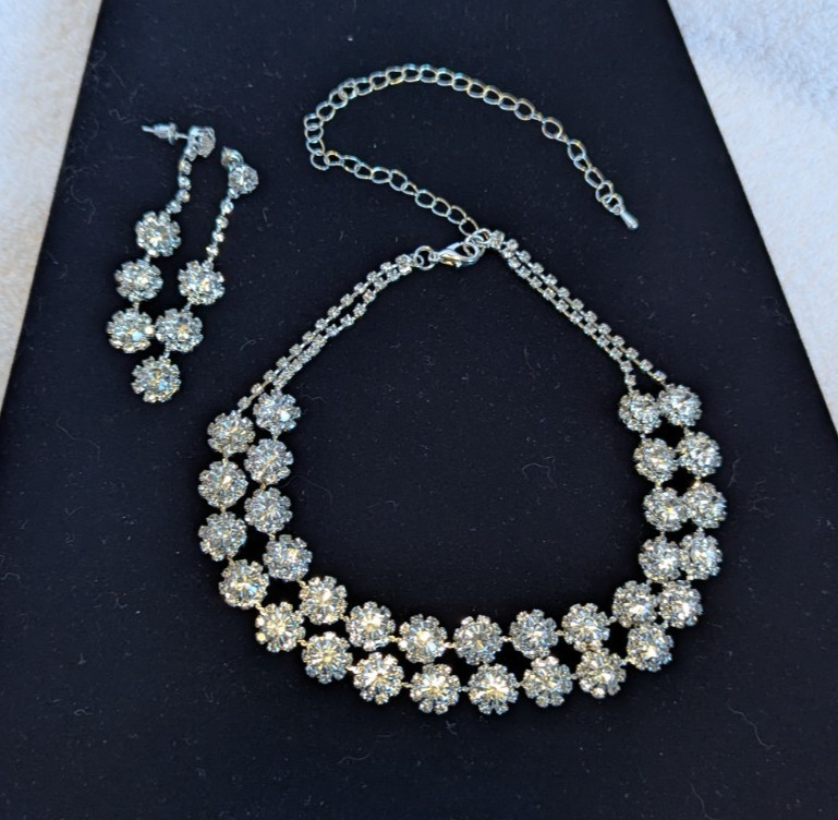 Sparkling Silver Rhinestone & Crystal Layered Necklace 11″ + 6″ & Earring 2.25″